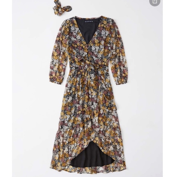 NEW Abercrombie and Fitch Ruffle Hem Midi Dress black floral NWT with scrunchie - Picture 7 of 12